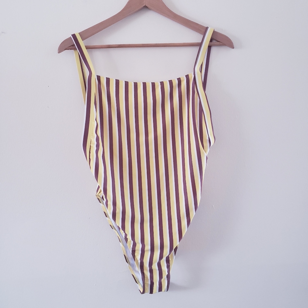 ZAFUL Open Back Striped Swimsuit - Yellow/Brown/White - 8 US